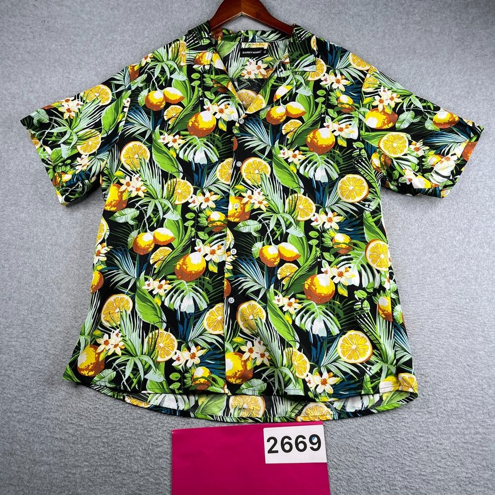Barry Wang Tropical Lemon Print Floral Shirt XL Button Up Short Sleeve Mens XL